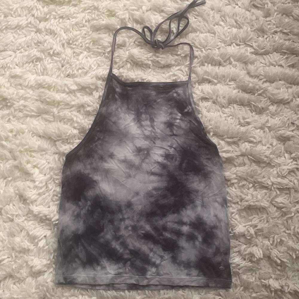 AEO Black White Tie Dye Cropped Halter Top